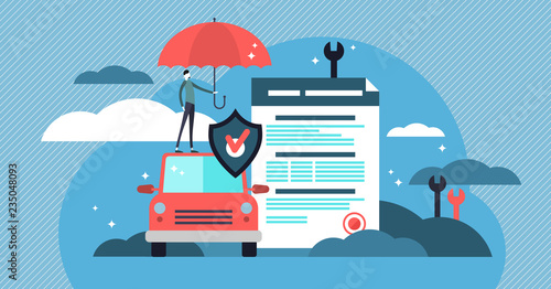 Car insurance vector illustration. Stylized car with agreement and umbrella