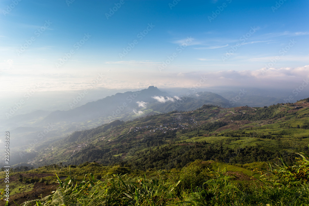 view point with mountain mist and fog road in phu tubberk most famous travel place in thailand