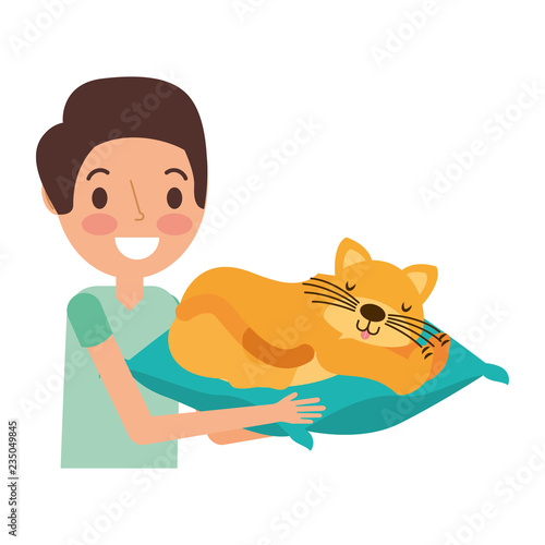 man holding cat with cushion
