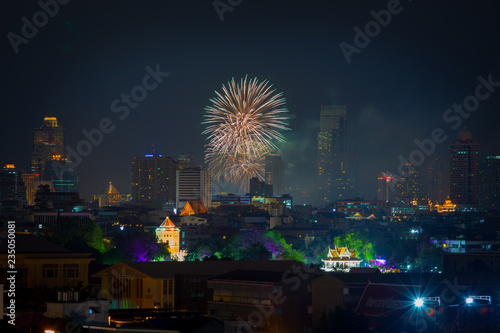 Firework of Cityscape at Night in Bangkok, Thailand