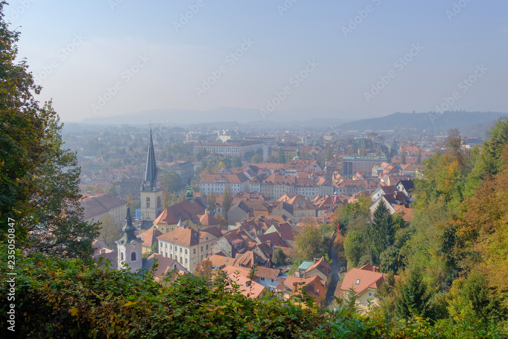 Scenic aerial view of ancient historic touristic capital of Slovenia Ljubljana