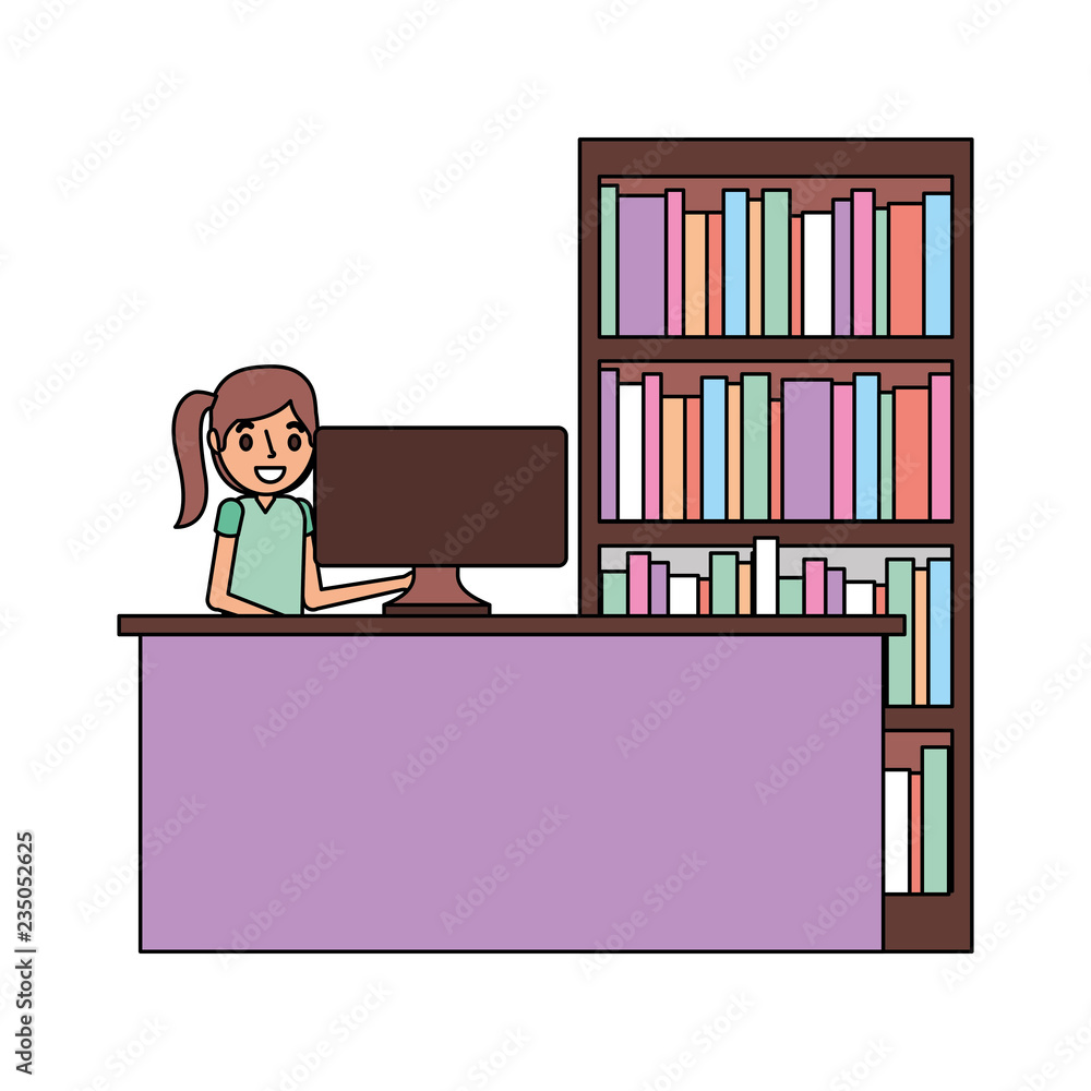 woman with computer and bookshelf