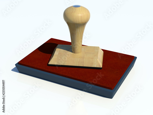 traditional custom wooden rubber stamp and red stamps felt pad on table isometric close up view business landscape template 3d illustration