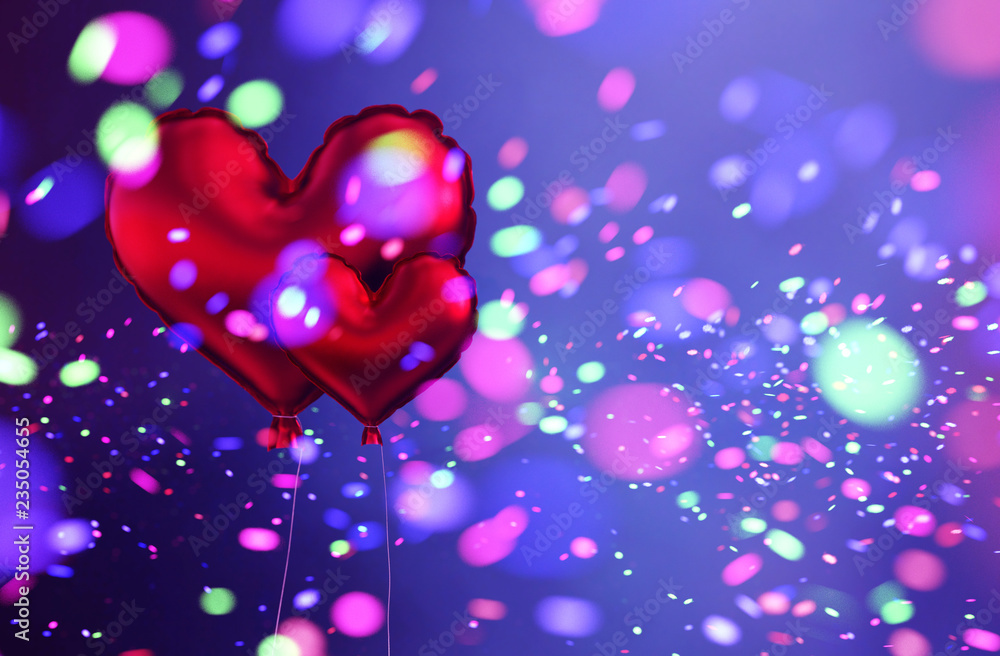 Red heart balloons with Abstract colorful blurred lights for Valentines day design background,3d illustration Red heart balloons with Abstract colorful blurred lights for Valentines day design background,3d illustration