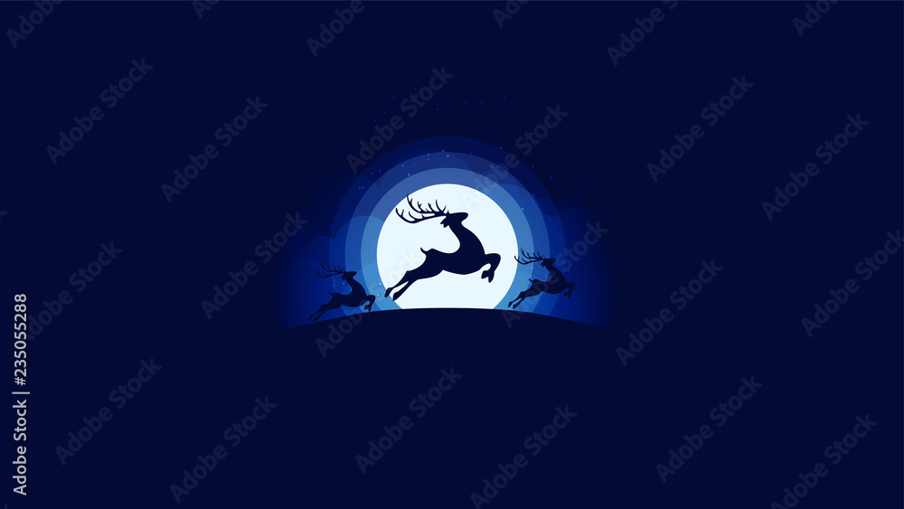 A raindeer is jumping pass the middle of the moon in the chrismas eve.