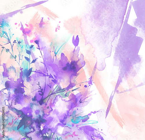 Watercolor bouquet of flowers, Beautiful abstract splash of paint, fashion illustration.Orchid flowers, poppy, cornflower, pink, purple, peony, rose, field or garden flowers. Watercolor abstract.