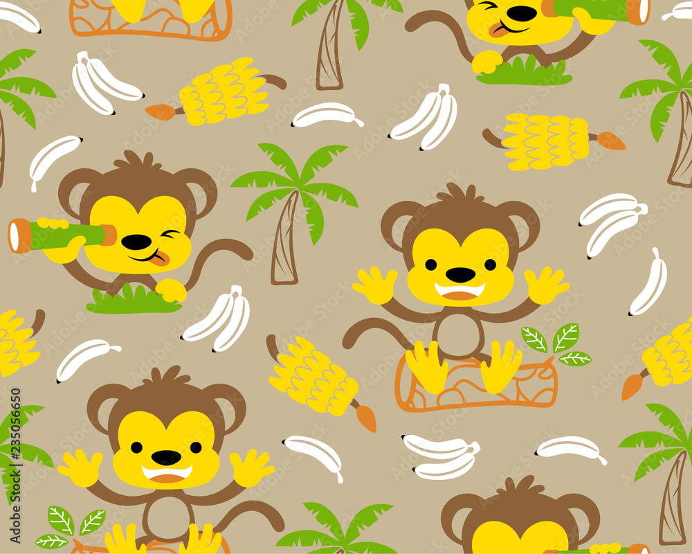 Naklejka premium Vector of seamless pattern with monkeys cartoon and banana
