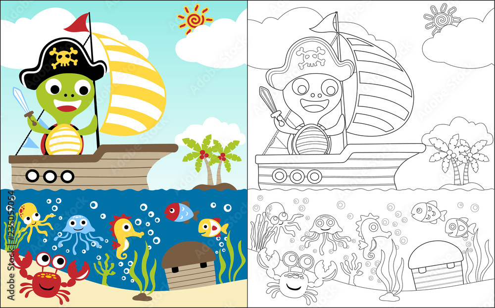 Naklejka premium coloring book vector with turtle cartoon the treasure hunter