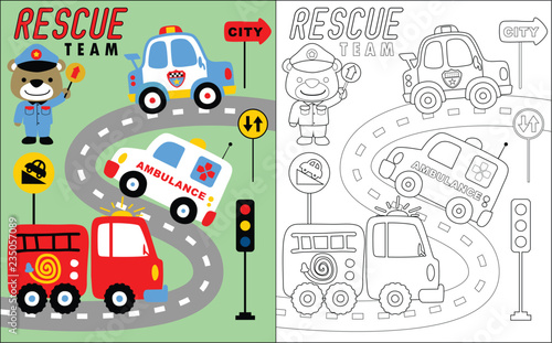 coloring book vector of rescue team vehicle cartoon with funny traffic cop