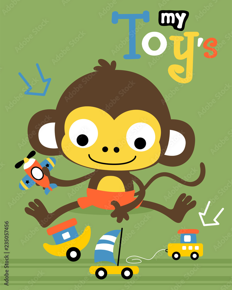 Vector cartoon of little monkey with toys Vector cartoon of little monkey with toys