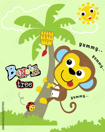 Vector cartoon of monkey climb banana tree