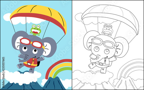 coloring book vector with paratrooper elephant and friend