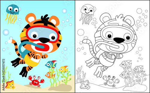 coloring book vector with diving tiger