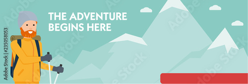 Climber on a mountain trail. The adventure begins here. Banner. Active sport concept. vector cartoon flat illustration