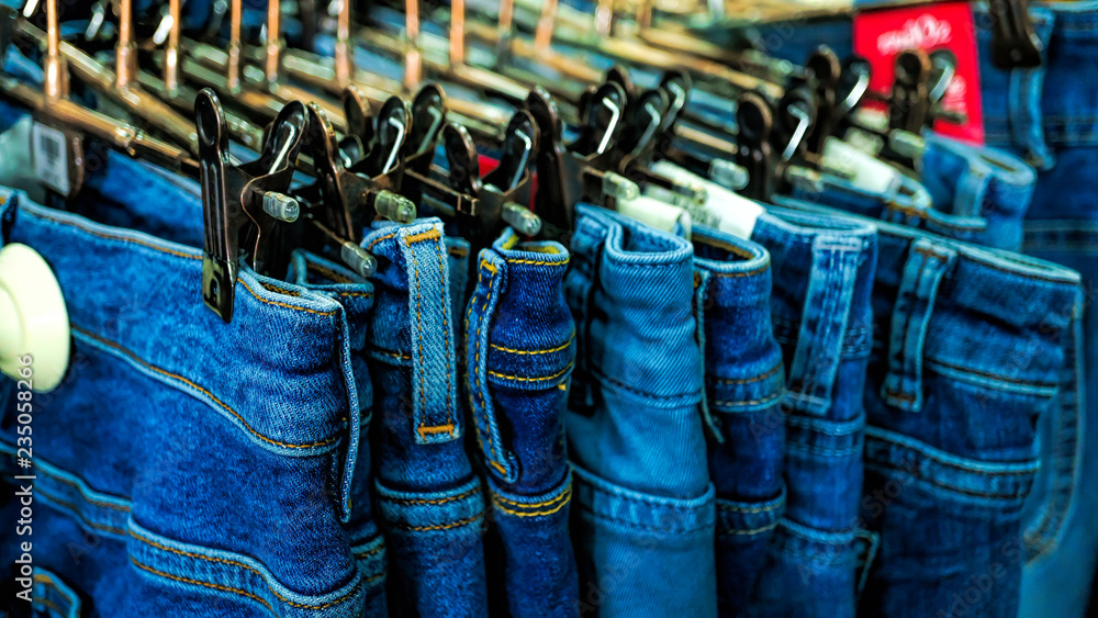 sale in store, Jeans, fabric, trousers, american Stock Photo | Adobe Stock