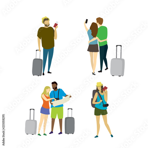 Different people travelers with suitcases