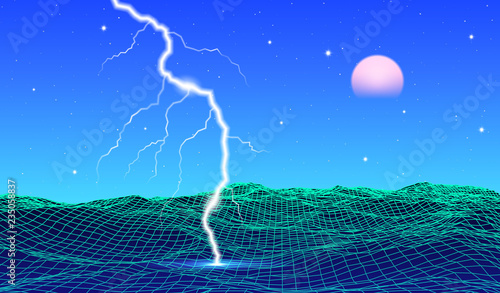 Retro 80s styled futuristic landscape with neon sun or moon and lightning in digital space with shiny grid