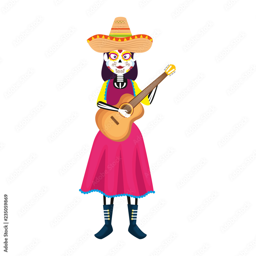 mexica woman with catrina costume and guitar