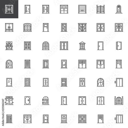 Types of Doors outline icons set. linear style symbols collection, line signs pack. vector graphics. Set includes icons as Closed office door, Elevator entrance gate, Double entrance doorway