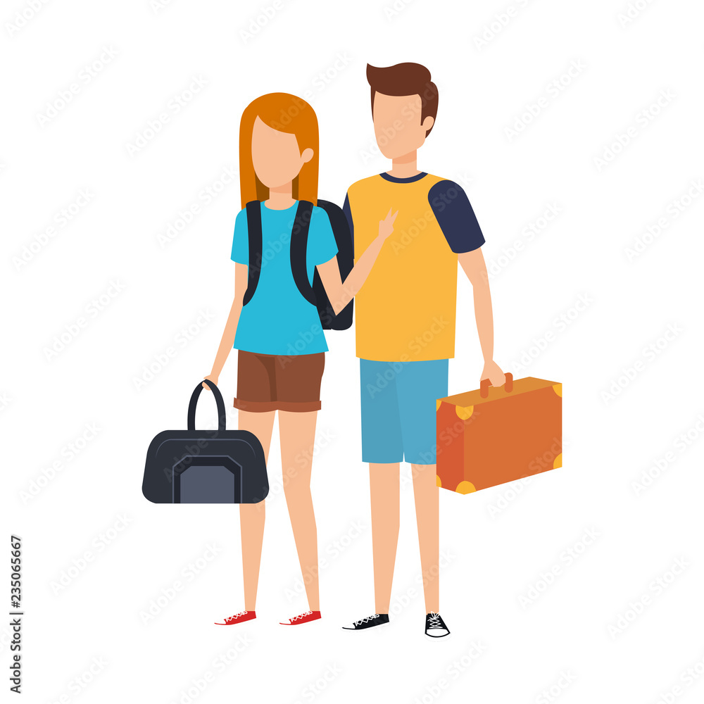 young couple with suitcase travel young couple with suitcase travel