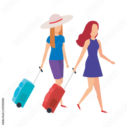 beautiful tourists girls with suitcases characters