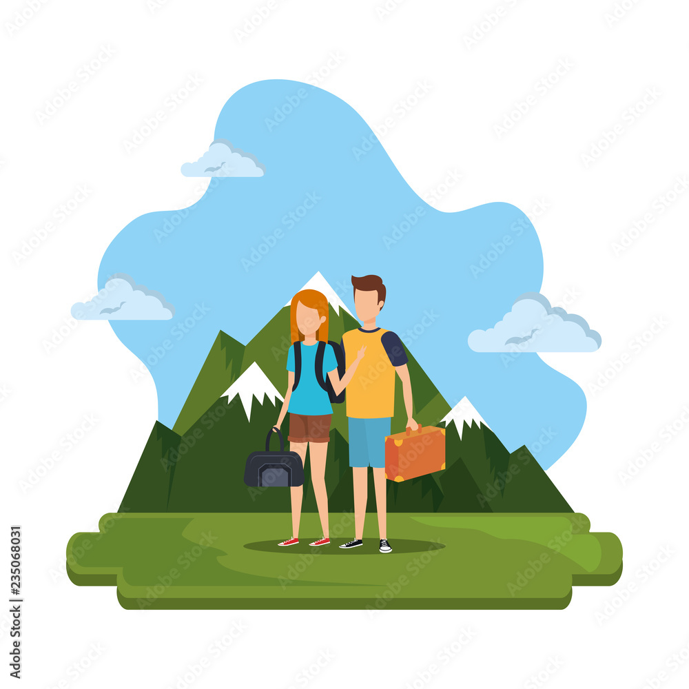 young couple with suitcase on the camp