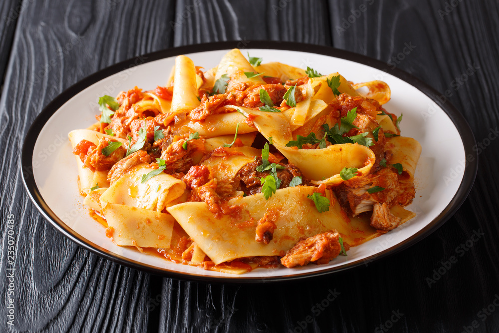 Italian noodles with slow cooked pork in a spicy tomato sauce closeup on a plate. horizontal Italian noodles with slow cooked pork in a spicy tomato sauce closeup on a plate. horizontal