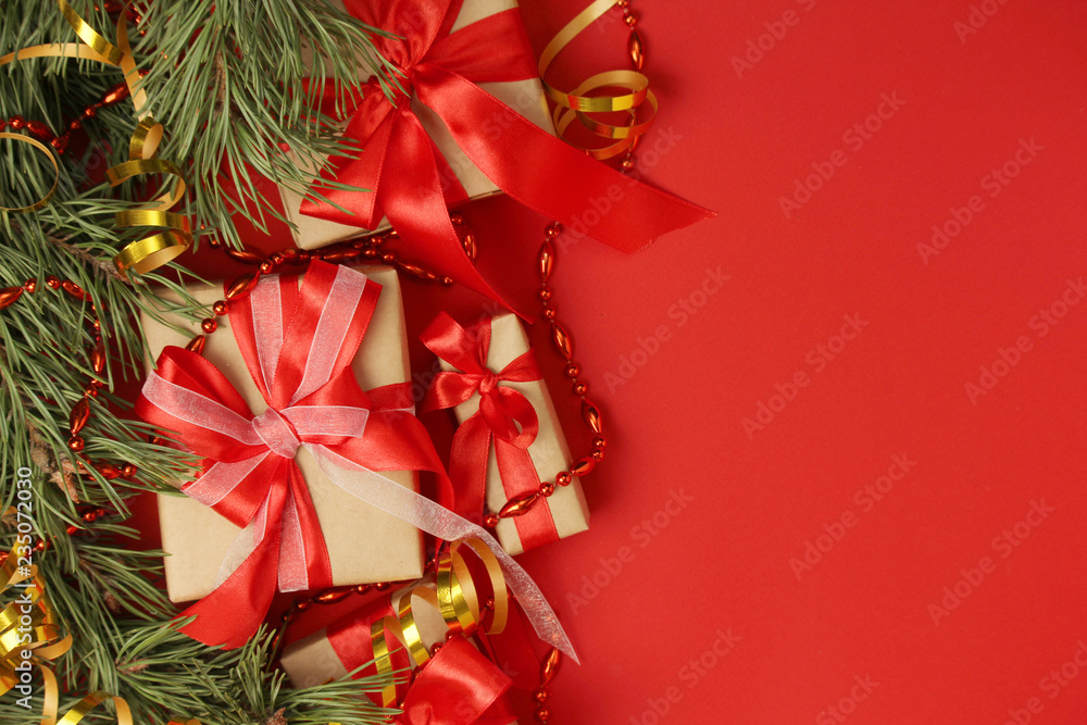 Bright New Year background with packed gifts