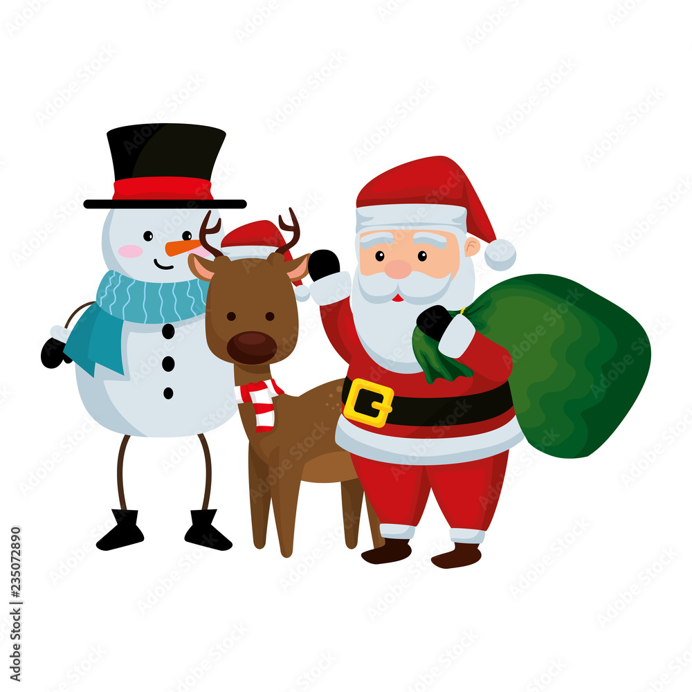christmas santa claus with reindeer and snowman