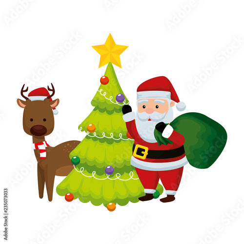 christmas santa claus with reindeer and pine tree