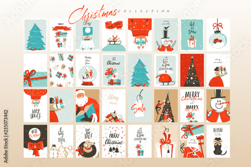 Hand drawn vector abstract fun Merry Christmas time cartoon illustrations greeting cards template and backgrounds big collection set with gift boxes,people and Xmas tree isolated on white background