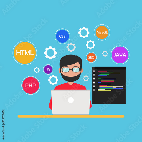 man with laptop and programming icon, web programmer vector illustration