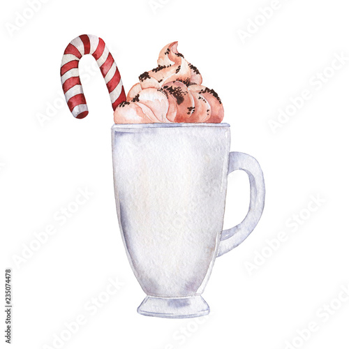 Mug of cocoa, coffee or hot chocolate witn cream and candy isolated on white background. Hand drawn watercolor illustration.