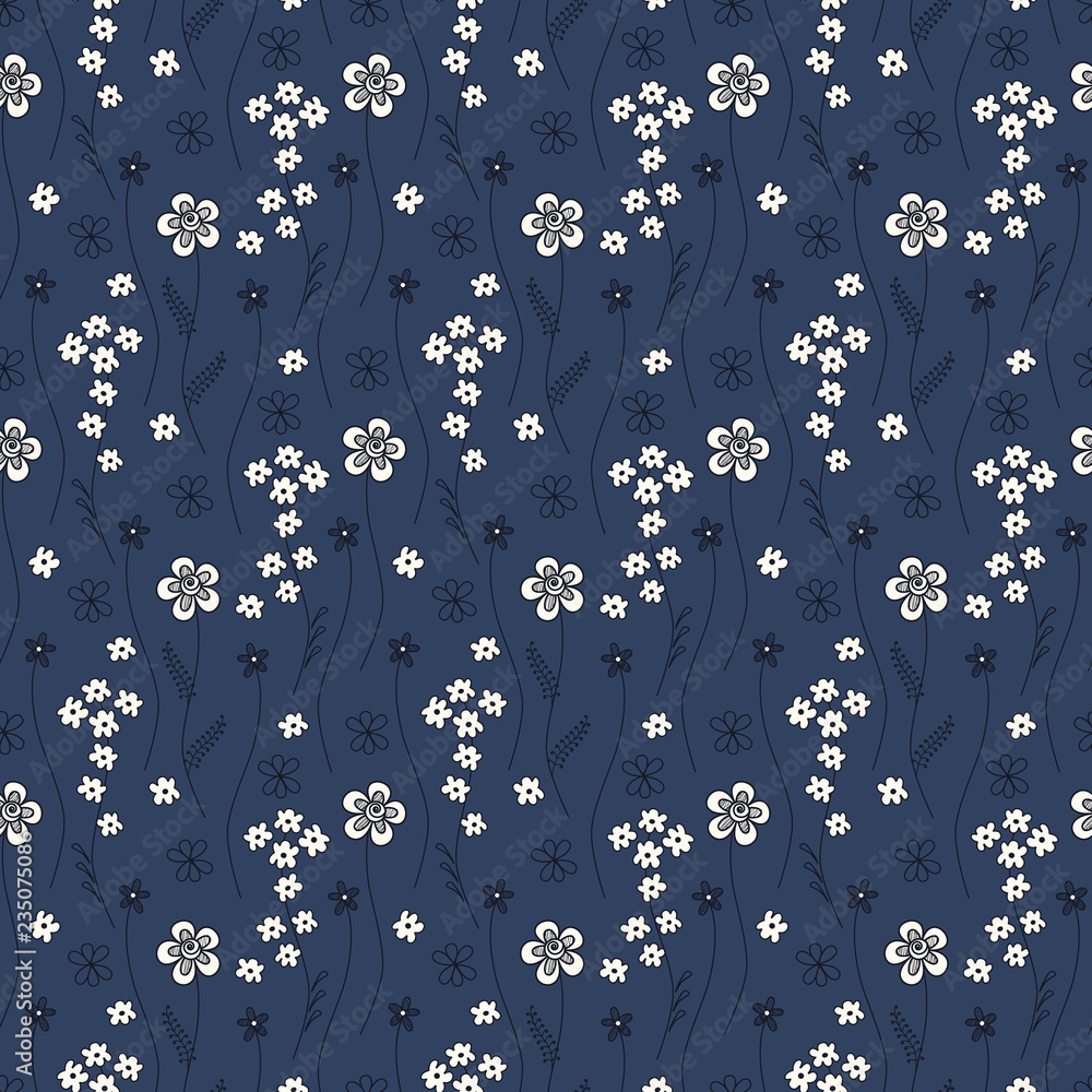 Cute seamless pattern with small flowers on a dark blue background ...