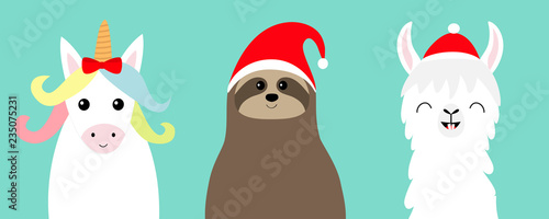Llama alpaca, sloth face set. Red Santa hat. Merry Christmas. Happy New Year. Cute cartoon funny kawaii character. Greeting card, poster, banner print. Flat design. Blue background.