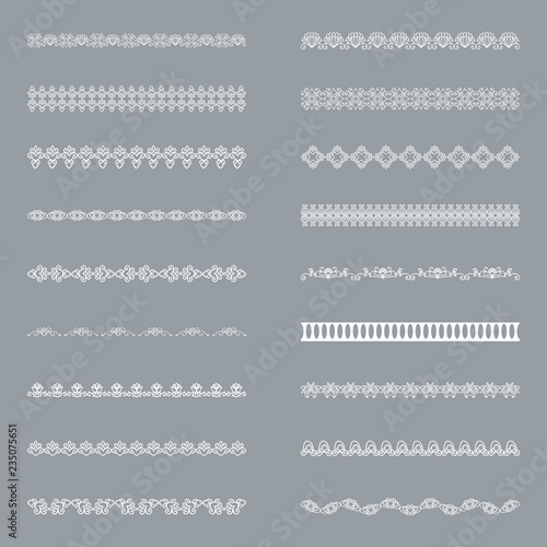 Set of horizontal isolated White lace borders for design. Patterned elegant beautiful edge. Vector illustration