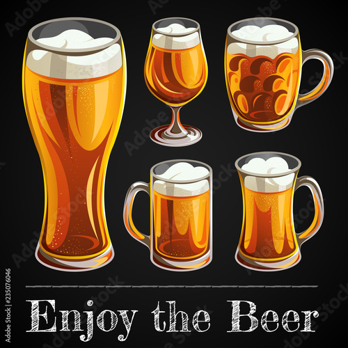 Illustration of beer glass. Mugs and glasses for toast with light beer on black background. 