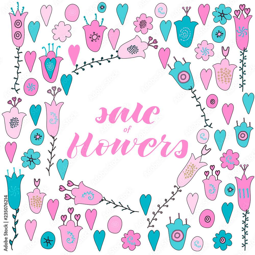 Hand drawn flowers, hearts and leaves doodle. Pink and blue pastel colors. Hand drawn flowers, hearts and leaves doodle. Pink and blue pastel colors.