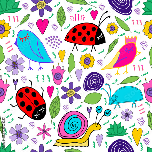 Hand drawn snail, bird, bug, ladybug, flowers, leaves doodle. Seamless pattern. Print for kids design