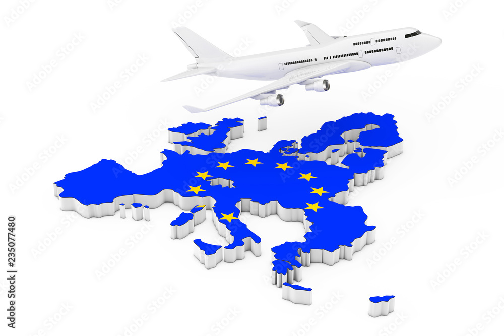White Jet Passenger's Airplane Flying Over Map of European Union with Flag. 3d Rendering