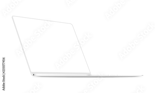 Laptop white mockup with blank frameless screen - 3/4 left view. Vector illustration