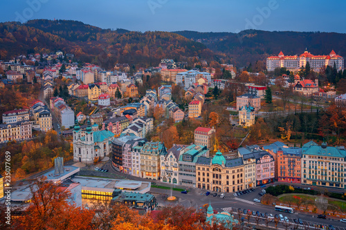 Beautiful view over colorful houses in Karlovy Vary, a spa town in Czech Republic in autumn season