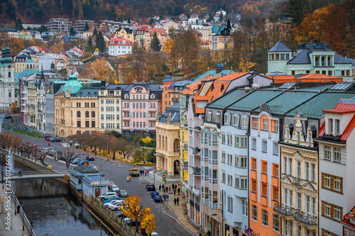 Beautiful view over colorful houses in Karlovy Vary  a spa town in Czech Republic in autumn season