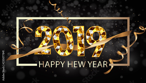 Vector 2019 Happy New Year background with golden gift bow