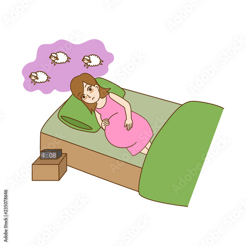 Pregnant Sleepless, mom can't sleep, cute cartoon character having a baby birth sleep together,mom, dad, kid, family care concept, outline cartoon vector illustration.
