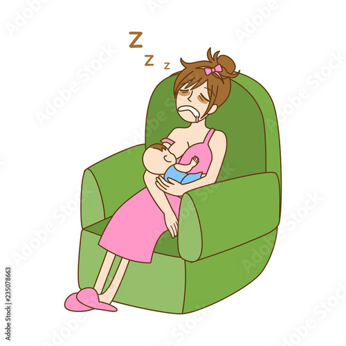 Pregnant Sleepless, mom can't sleep, cute cartoon character having a baby birth sleep together,mom, dad, kid, family care concept, outline cartoon vector illustration.