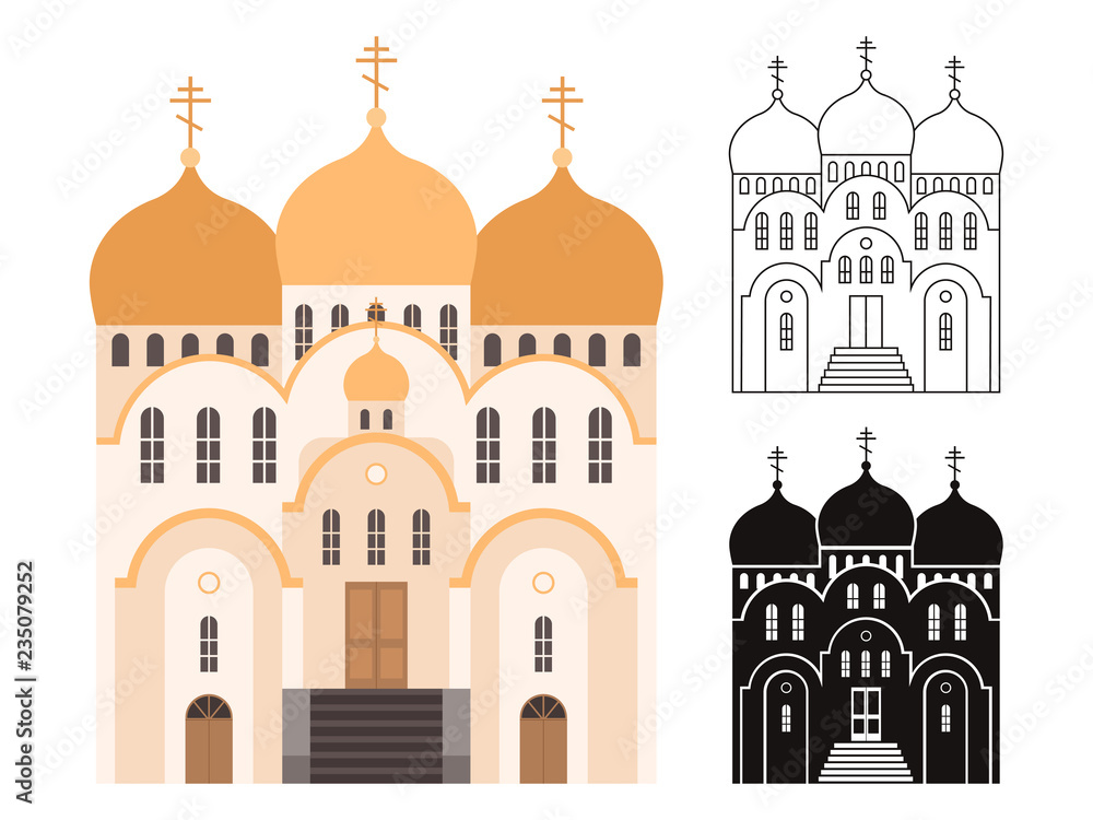 Line, silhouette and flat style church buildings vector set