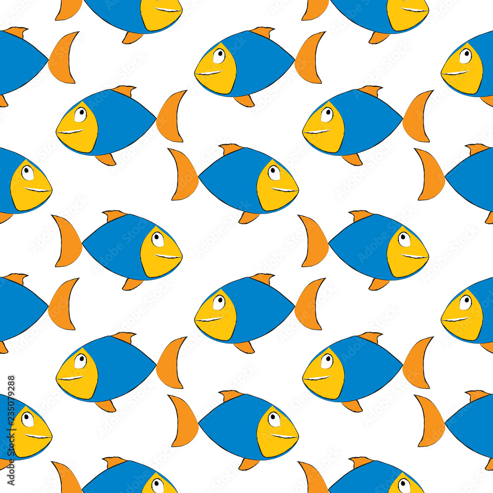 Sea fish drawing with ink on white background, summer seamless pattern background Sea fish drawing with ink on white background, summer seamless pattern background
