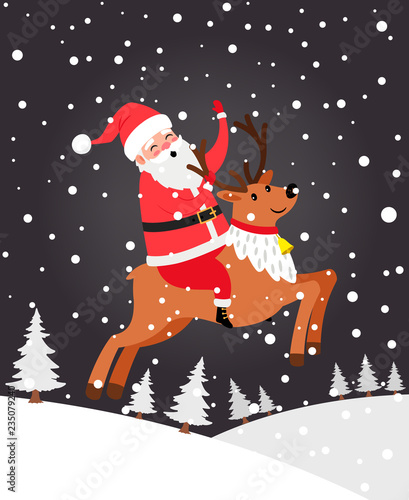 Santa on deer, Christmas or New Year card, vector illustration