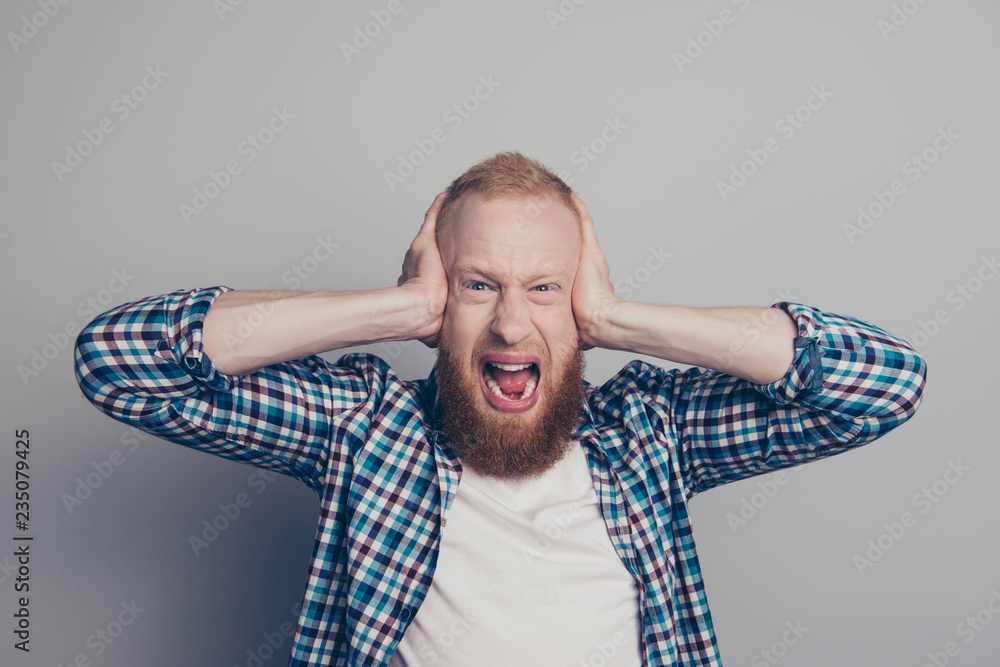 Portrait of close ears two hand man with wide open mouth look at Portrait of close ears two hand man with wide open mouth look at